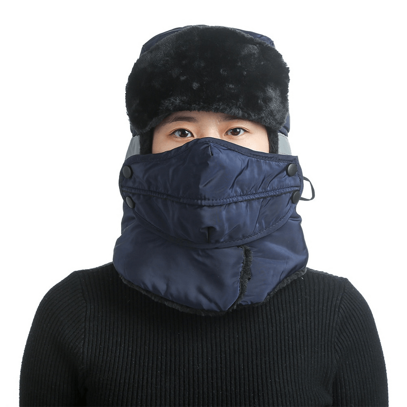 Unisex winter windproof ski cap with earflaps and closed neck, perfect for mountain adventures, providing warmth and protection.